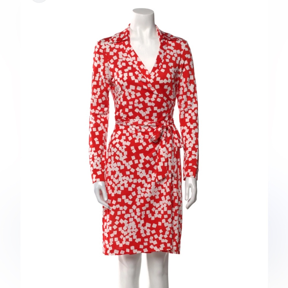 Diane Von Furstenberg Red and White Geometric Wrap Dress “confetti coral”